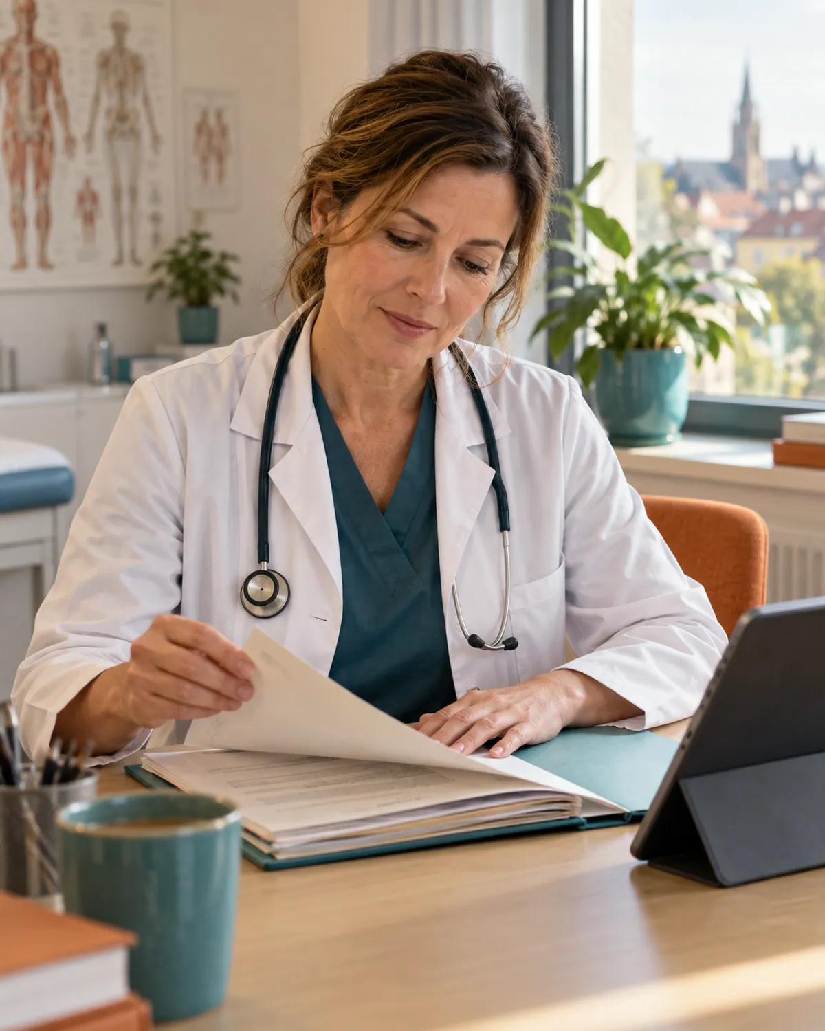 Un médico revisa el historial completo de un paciente en una tableta