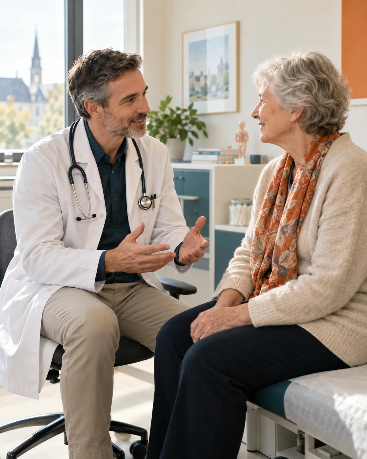 Una médica y un paciente conversan cara a cara en consulta
